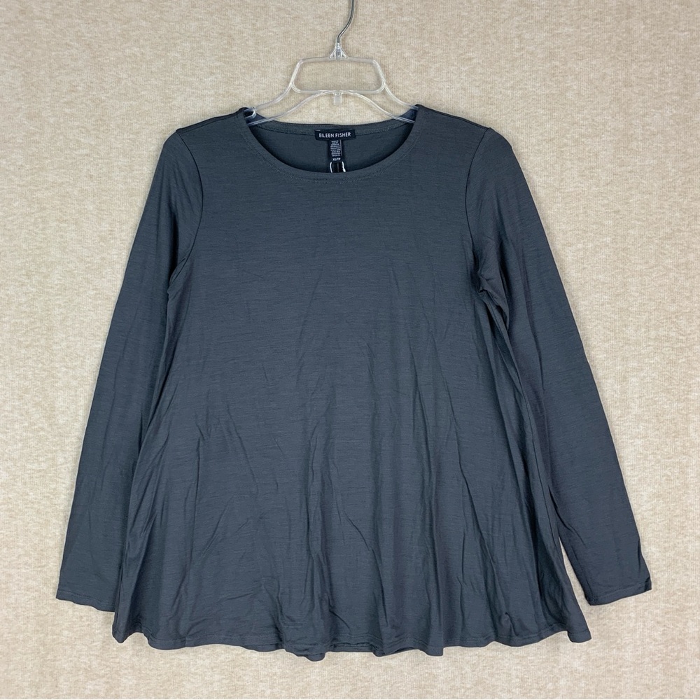 Eileen Fisher Tencel Jersey Top XS Womens Gray Jewel Neck Round Hem Minimal